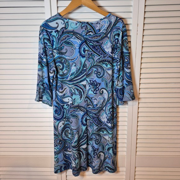MSK Dress Women L Blue Paisley Midi 3/4 Bell Sleeve Stretch Knit Pullover USA - Picture 6 of 7